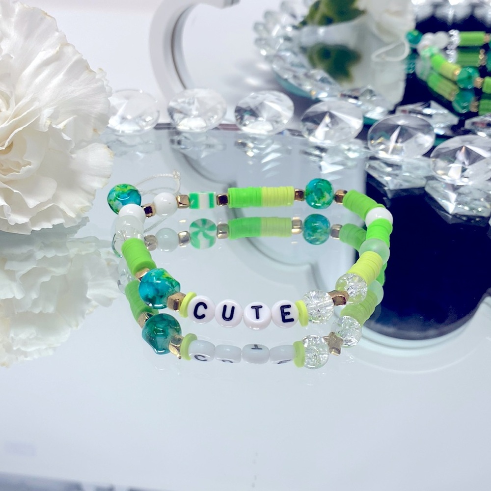 “CUTE” Phone Charm with 3 Ceramic Beads - Green Theme - 5” Nylon Rope - Strong